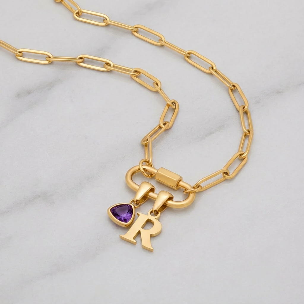 Carabiner Charm Lock Necklace With Initial & Birthstone