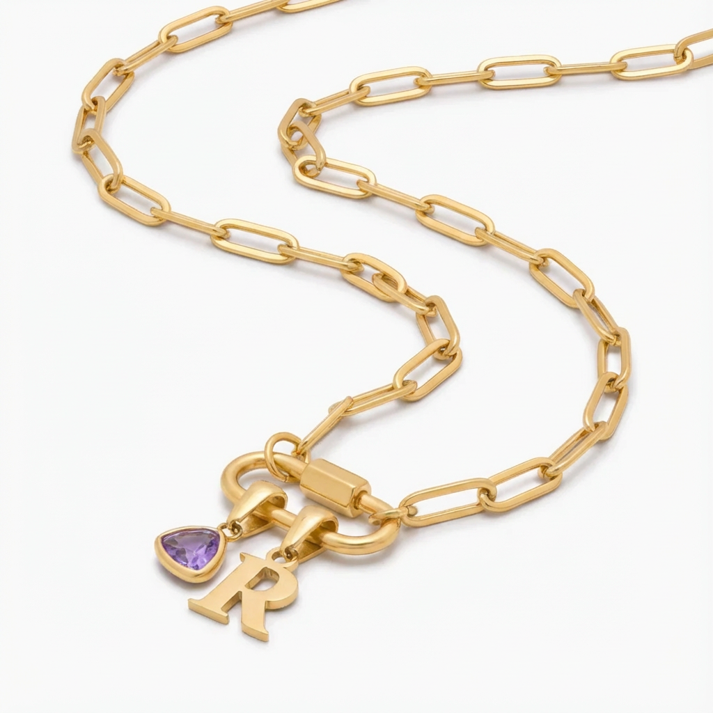 Carabiner Charm Lock Necklace With Initial & Birthstone