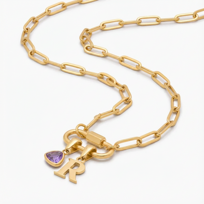 Carabiner Charm Lock Necklace With Initial & Birthstone