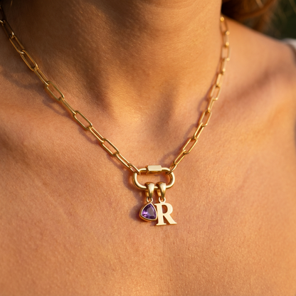 Carabiner Charm Lock Necklace With Initial & Birthstone