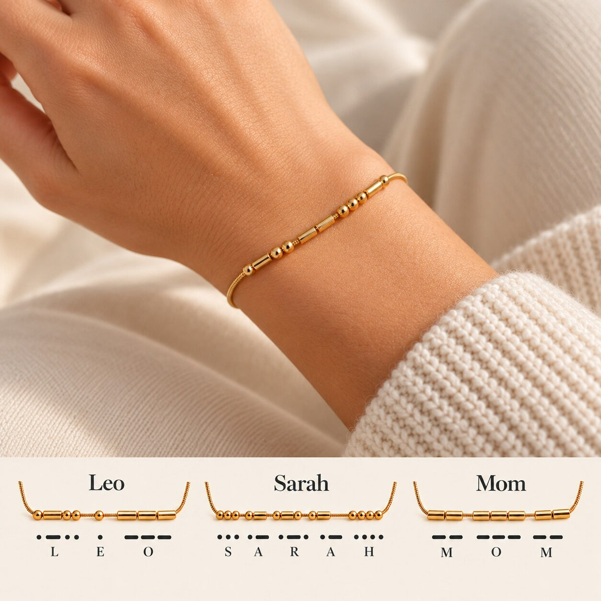 Morse code bracelet worn - examples LEO, SARAH, MOM